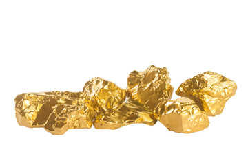 Group of golden bars isolated on white background close up. Shining golden nuggets isolated on white background