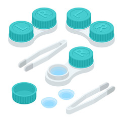 Isometric contact lenses set with tweezers and contact lenses individual plastic case. Opened and closed contact lenses container on white background.