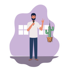 young man with microphone and houseplants on macrame hangers of background