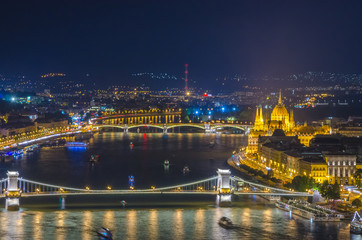 Panoramic view of Hungarian Parliament at night, Budapest.