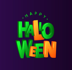 Greeting card with lettering for Halloween isolated on dark background. Vector bright green and orange typography