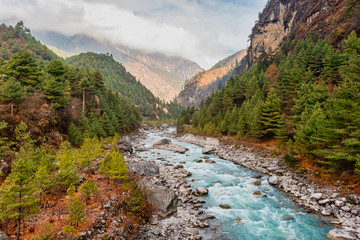 River flows through a Nepalese valley surrounded by a green pine forest on a cloudy day