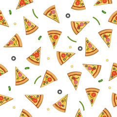 Pizza slice seamless vector background isolated o white background with beans, maize or corn, and arugula.