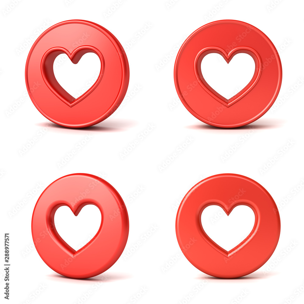 Poster 3d social media notification love like heart icons Hole heart shape in red round button isolated on white background with shadow 3D rendering
