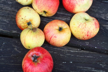  Ripe apples on the board in autumn 2
