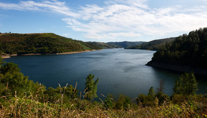 Panoramic view of the reservoir of Belesar in Ribeira Sacra area, Galicia, Spain. Winemaking area surrounding Miño river at Lugo province.