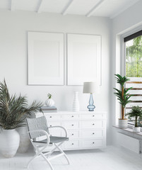 Mock up frame in white cozy tropical bedroom interior, Coastal style, 3d render