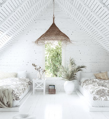White cozy tropical bedroom interior in attic, Scandi-Boho style, 3d render