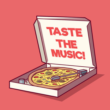 Pizza box as a Turntable vector illustration. Food, Music, branding design concept