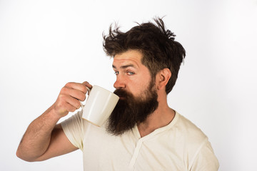Good morning. Handsome bearded man drinking cup of hot beverage. Morning with coffee or milk. Man with cup of coffee. Bearded man with mug in hand. Morning coffee concept. Businessman drinking coffee.