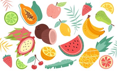 Set of doodle fruits. Natural tropical fruit, doodles citrus orange and vitamin lemon. Vegan kitchen apple hand drawn, organic fruits or vegetarian food. Vector isolated icons
