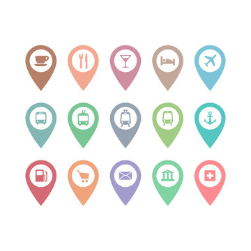 Location pin pointer vector set with cafe, restaurant, hotel, bus sign. Location pin markers with airport, train station, bank, hospital signs. 