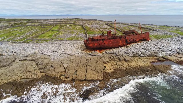 4K Aerial view of Shipwreck in Inisheer Island,  Aran Islands, Ireland