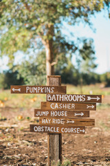 Pumpkin Patch Sign, wooden sign post, pumpkins, bathrooms, cashier, jump house, hay ride, obstacle course, arrow signpost