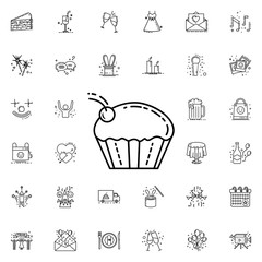 Cup cake with cherry dusk style neon icon. Elements of birthday set. Simple icon for websites, web design, mobile app, info graphics