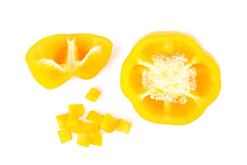 Cut yellow bell pepper isolated on white, top view