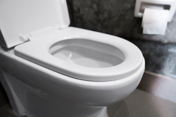 White hanging toilet seat on white toilet in the home bathroom with grey tiles in concrete style and toilet paper on the wall. Bathroom luxury interior.