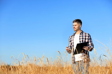 Naklejka na ściany i meble Agronomist with clipboard in wheat field, space for text. Cereal grain crop