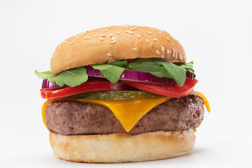 Delicious hamburger with tomato, lettuce, onion and cheese