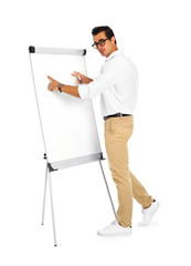 Fototapeta premium Professional business trainer near flip chart on white background