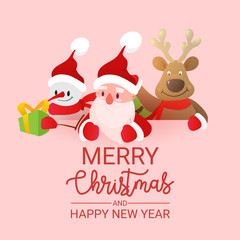 Fototapeta na wymiar Celebration card for Merry Christmas. Vector illustration. Holiday concept in flat style. Christmas Santa Claus, snowman and reindeer with gift. Happy New Year banner. - Vector