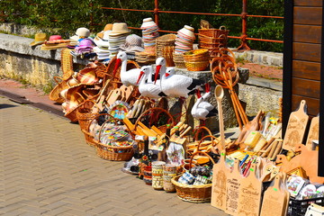 Souvenirs for sale on the street by the central park in Vatra Dornei ski resort, Bukovina region....
