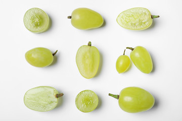 Fresh ripe juicy grapes on white background, top view