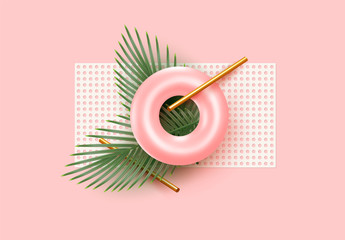Minimal 3d design with realistic objects, green palm leaves and branches, round torus and donuts, patterned white mesh. Pink and coral background with elements of realism. vector illustration