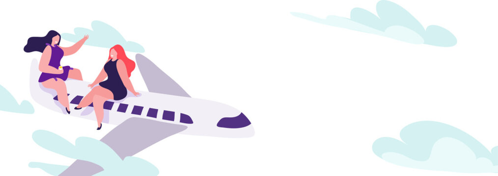 Travel banner, girls on plane fly in the sky, design concept in modern flat style. Horizontal poster, header for website, vector illustration