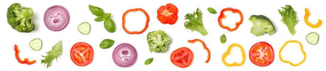 Creative layout made of tomato slice, onion, cucumber, basil leaves. Flat lay. Food concept....