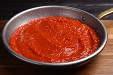 Delicious tomato sauce in pan, closeup view