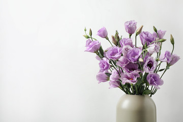 Eustoma flowers in vase on white background, space for text