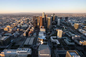 Urban downtown skyline sunrise aerial view of Los Angeles, California.