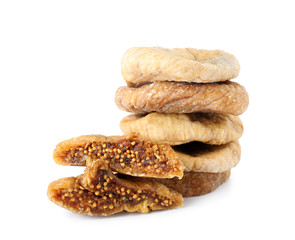 Pile of tasty dried figs on white background