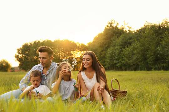 Happy family blowing soap bubbles in park at sunset. Summer picnic