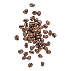 Coffee beans isolated on white background. Top view. Flat lay. Coffee beans flow in air, without shadow.