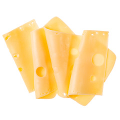 cheese slices isolated on white background. Top view. Flat lay. Cheese slice in air, without shadow.