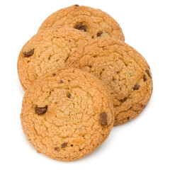 Chocolate chip cookies isolated on white background. Sweet biscuits. Homemade pastry.