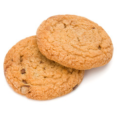 Two Chocolate chip cookies isolated on white background. Sweet biscuits. Homemade pastry.