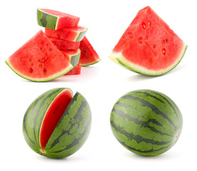 Collection of whole and cut watermelon fruits isolated on white background. Set of different slices.