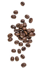 Coffee beans isolated on white background. Top view. Flat lay. Coffee beans flow in air, without shadow.