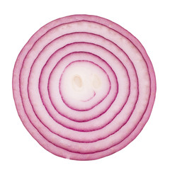  red onion slices isolated on white background. Top view. Flat lay. Red onion slice in air, without shadow.