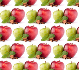 Red and green apples, cinnamon sticks and mint leaves still life . Seamless food pattern.