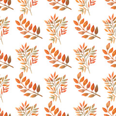 Fototapeta premium Seamless autumn leaves background, berries on white isolated background. Watercolor illustration