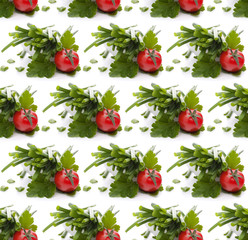 Spring onions and cherry tomato in bowl . Seamless food pattern.