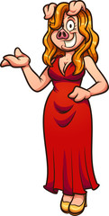 Female blond presenter pig wearing a red dress clip art. Vector illustration with simple gradients. All in a single layer. 