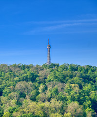Obraz premium The Petrin Lookout Tower on Petrin Hill in Prague, Czech Republic.