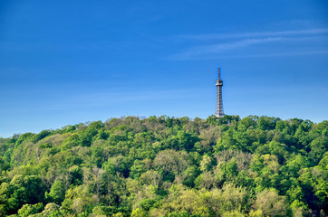 The Petrin Lookout Tower on Petrin Hill in Prague, Czech Republic.