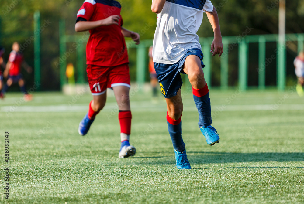 Wall mural Boys in white and blue sportswear plays  football on field, dribbles ball. Young soccer players with ball on green grass. Training, football, active lifestyle for kids concept 