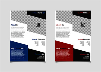 Obraz premium Real Estate flyer template vector design, A4 brochure template blue and red colours geometry shapes used for business poster layout, IT Company flyer, corporate banners, and leaflets